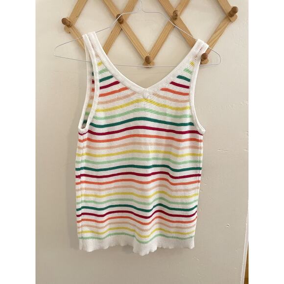 Loft Top Women's Medium White Rainbow Striped Button Up Sweater Tank 100% Cotton - Picture 7 of 7